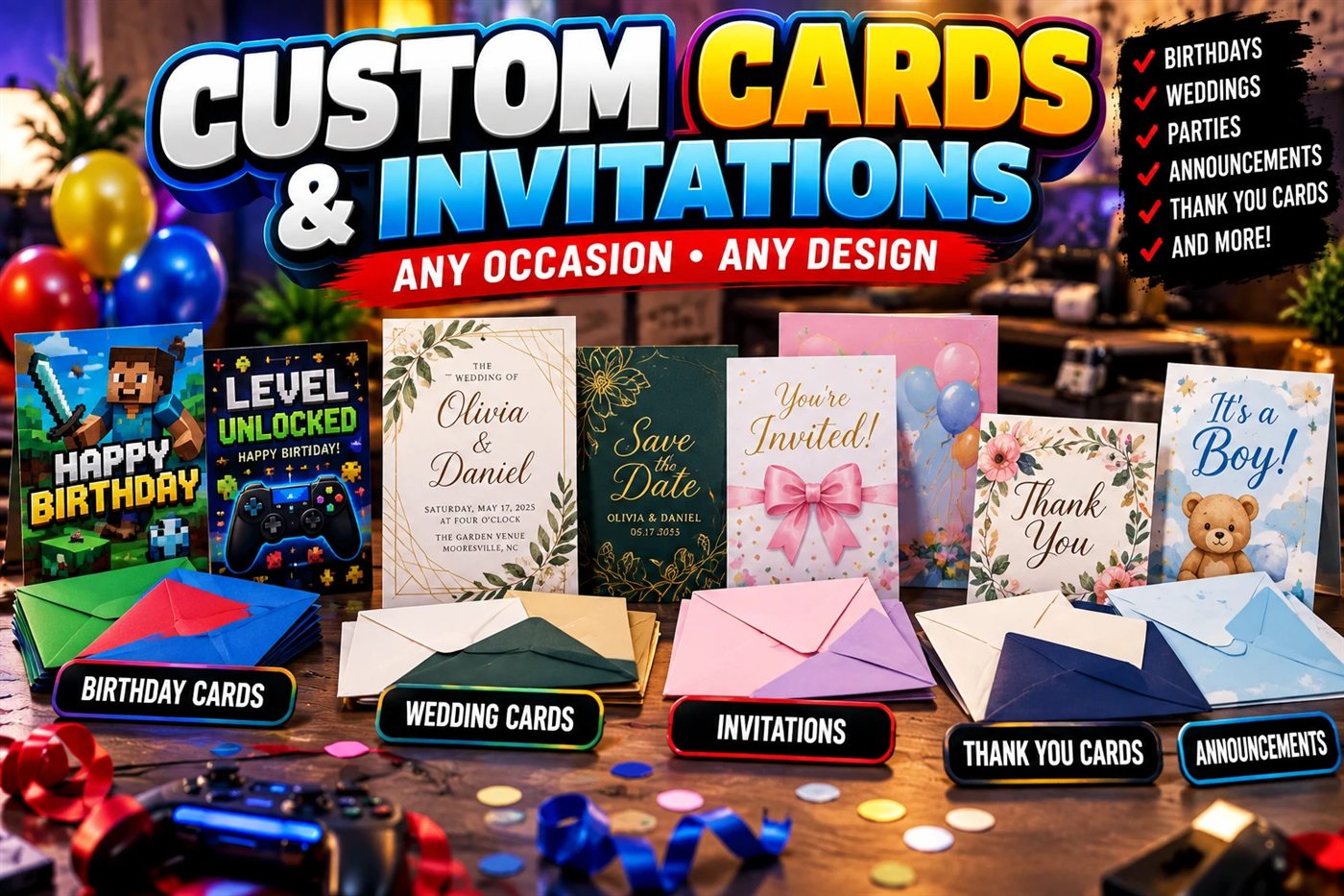 Custom cards and invitations with envelopes