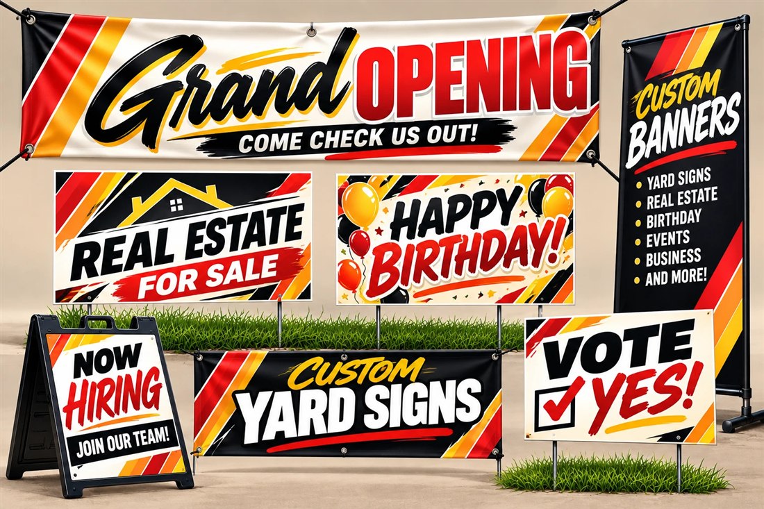 Sample banners and yard signs: grand opening, real estate, happy birthday, now hiring, vote yes