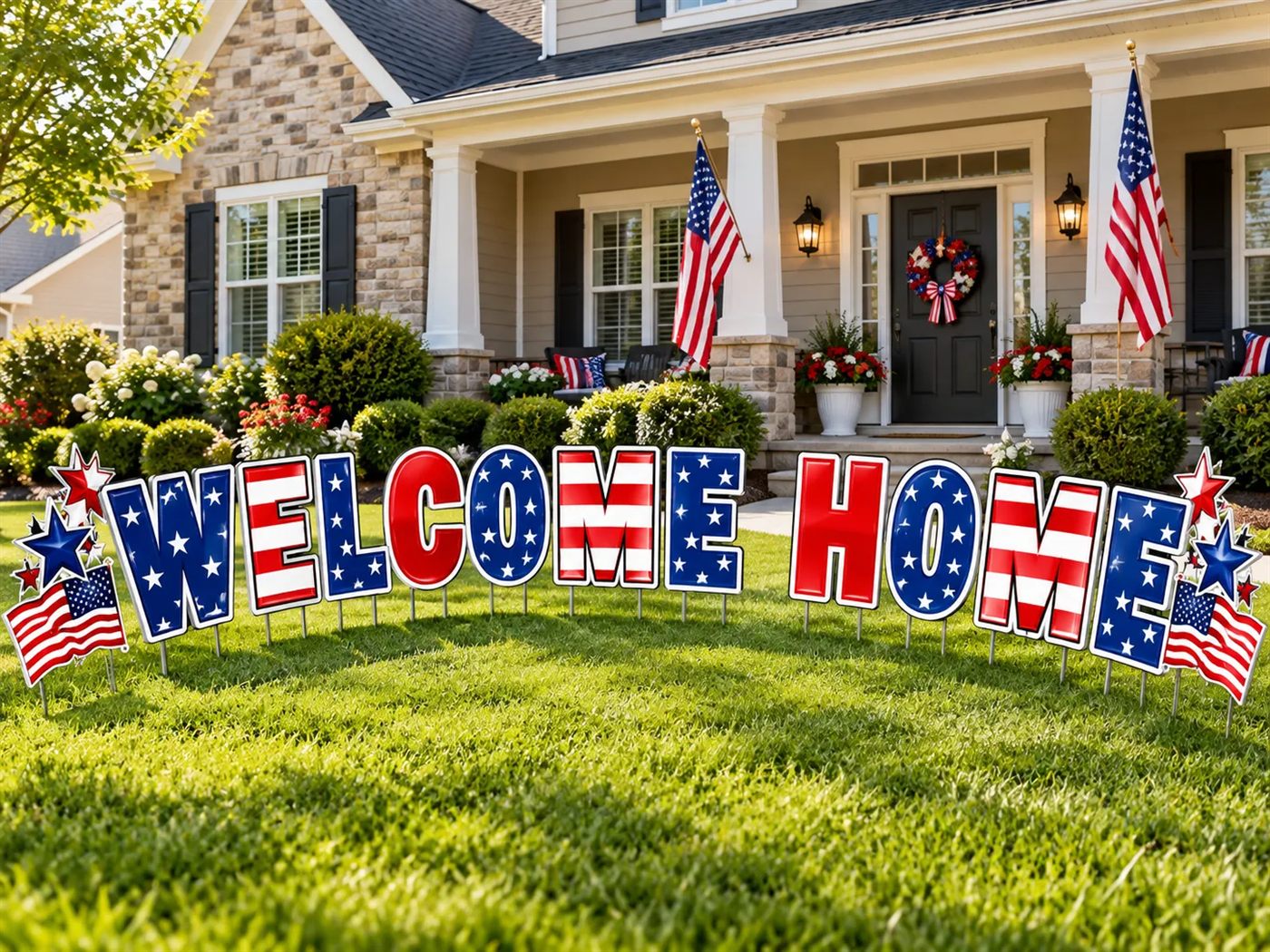 Custom welcome home yard signs on a front lawn